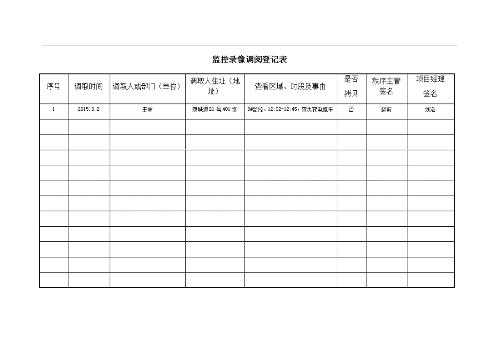 监控录像调阅登记表